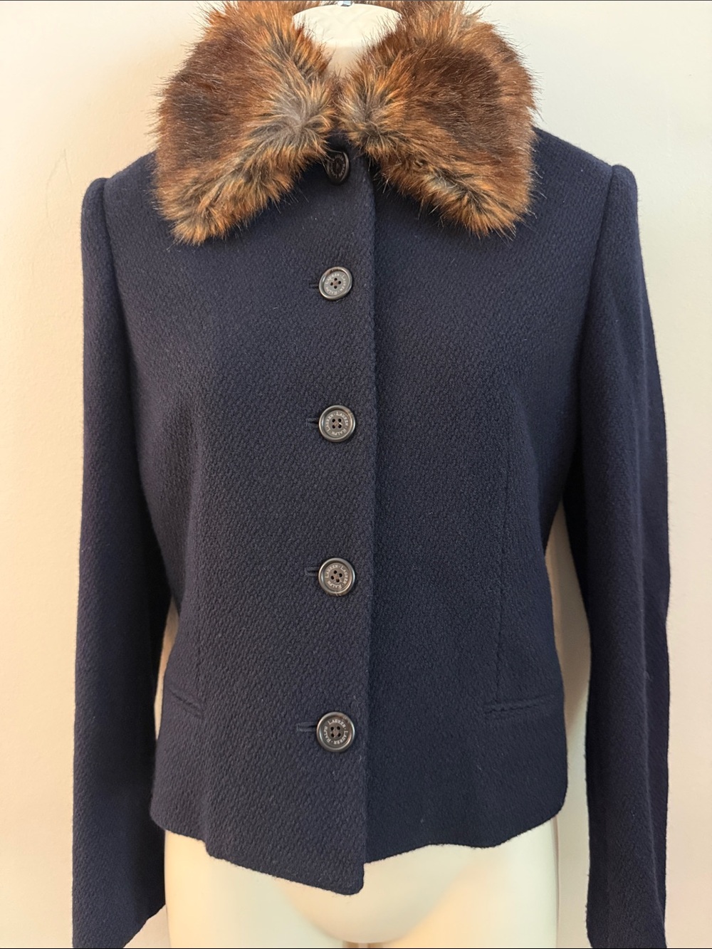 Lauren Ralph Lauren Navy Waist Coat with Brown Faux Fur Trim Collar Size 6P Wool